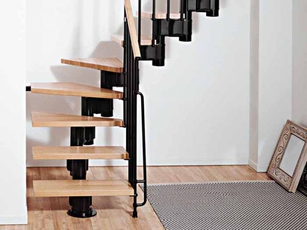 Kompact Modular Staircase L format in Black Steel and Light Beech Treads from The Staircase People