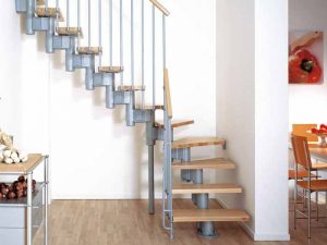 Kompact Modular Staircase in L format in Grey Steel and Light Beech Treads from The Staircase People