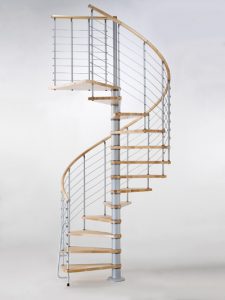 Vogue Spiral Staircase in Grey with Light Beech Treads from TheStaircasePeople.co.uk